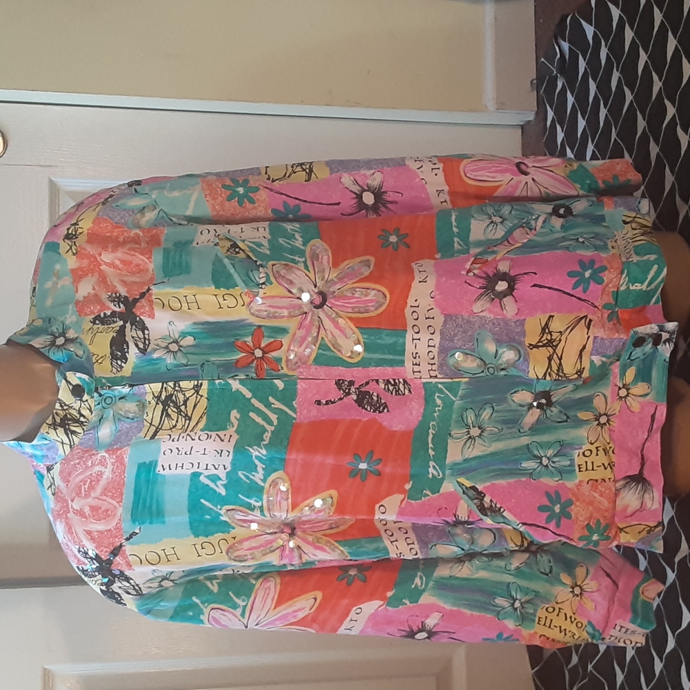 Diane Gilman 100% Silk Floral Jacket 2X Pink Blue Lightweight Statement Piece - Picture 2 of 10